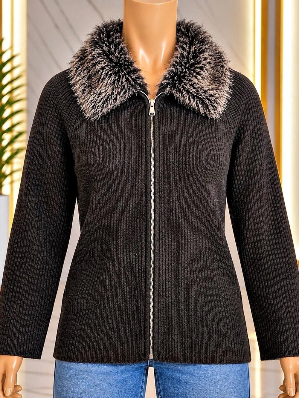 Gap CashSoft Faux-Fur Collar Zip Cardigan Sweater Black & Brown